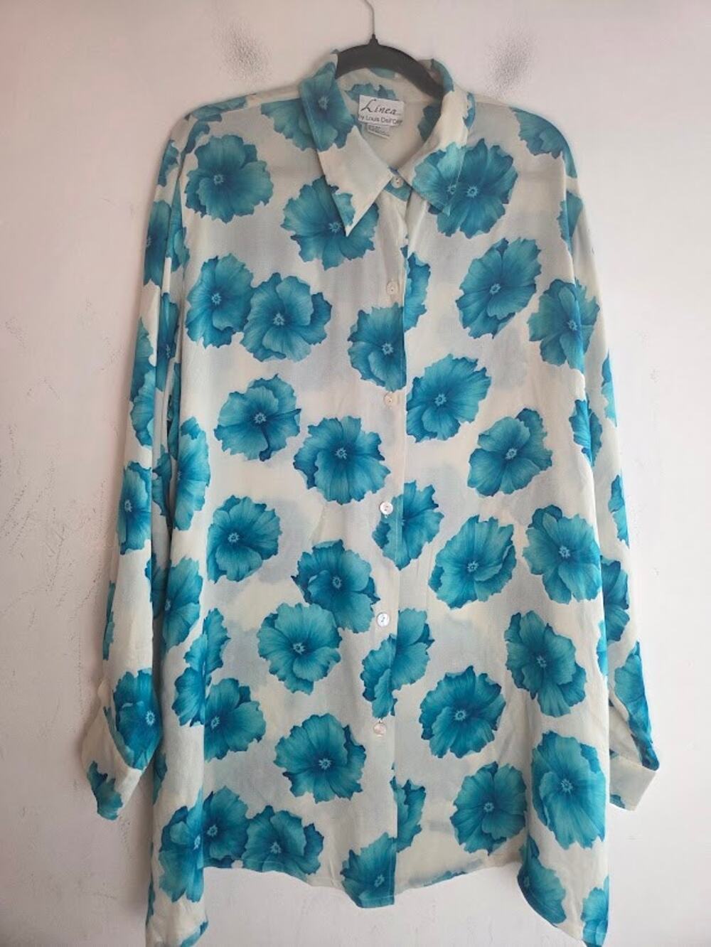 Linea by Louis Dell'Olio Blue White Floral 100% Silk  Button Down Blouse sz 2X